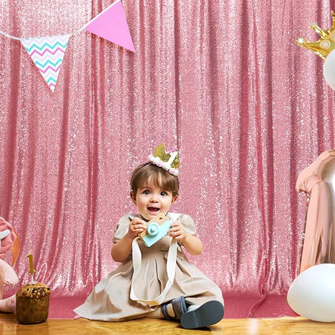 SquarePie Sequin Backdrop Curtain Not See Through Thick Glitter Background for Party 8FT x 8FT Fuchsia Pink