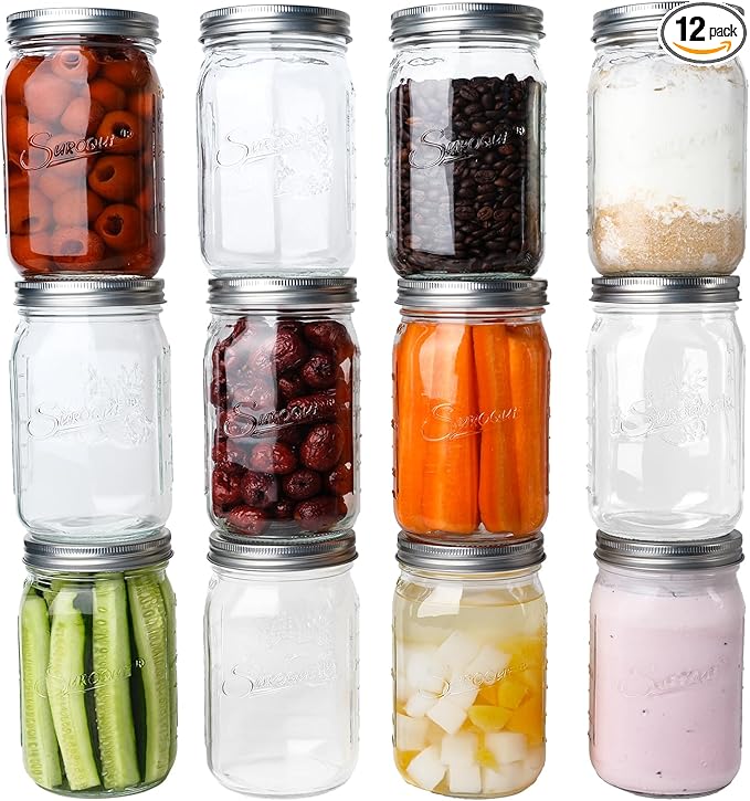Mason Jars 32 oz Glass Canning Jars 12 Pack Wide Mouth Mason Jar With Airtight Lids