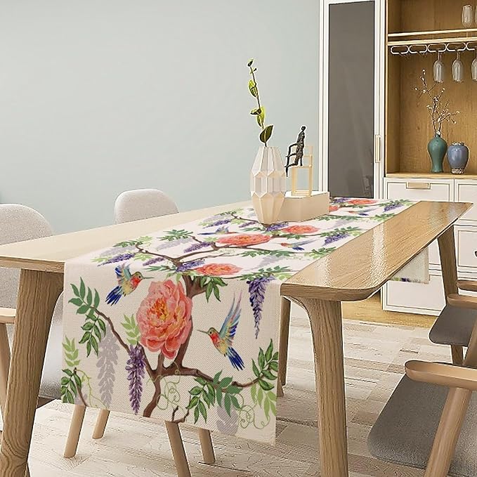 Vintage Bird Flower Table Runner Seasonal Spring Purple Wisteria Garden Plants Lavender Pink Florals Farmhouse Country Kitchen Dinner Runner Dining Table Decoration for Home Party Holiday 13"x60"
