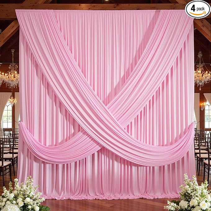 20×12ft Wrinkle Free Pink Backdrop Curtain for Wedding Parties, 4 Panels 5×12ft Long Soft Silky Polyester Backdrop Drapes Baby Pink Photo Back Drop Curtains for Party Photography Background Cloth