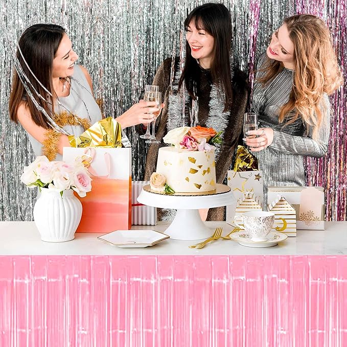 3 Pack 29 x108 Inch Macaron Pink Foil Fringe Table Skirts Metallic Banner for Tinsel Streamer Garland Backdrop for Parade Floats Mother's Day, Graduate, Birthday, Wedding Party Decoration