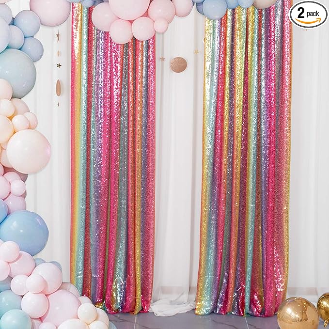 ShiDianYi Sequin Backdrop Rainbow 2 Panels 4FTx6FT Backdrops for Photoshoot Sequin Curtains Backdrop Wedding Anniversary Birthday Background
