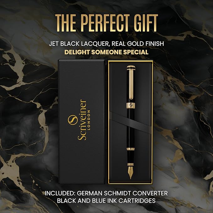 Scriveiner Luxury Fountain Pen - Stunning Luxury Pen, Real Gold Finish, Schmidt Gilded Nib (Medium), Converter, Best Pen Gift Set for Men & Women, Professional, Executive, Office, Nice Pens