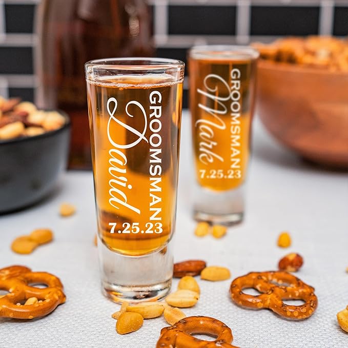 Custom Engraved 2 oz Shot Glass – Personalized Etching – Groomsman & Bridesmaid Gift – Wedding Favor Set of 8