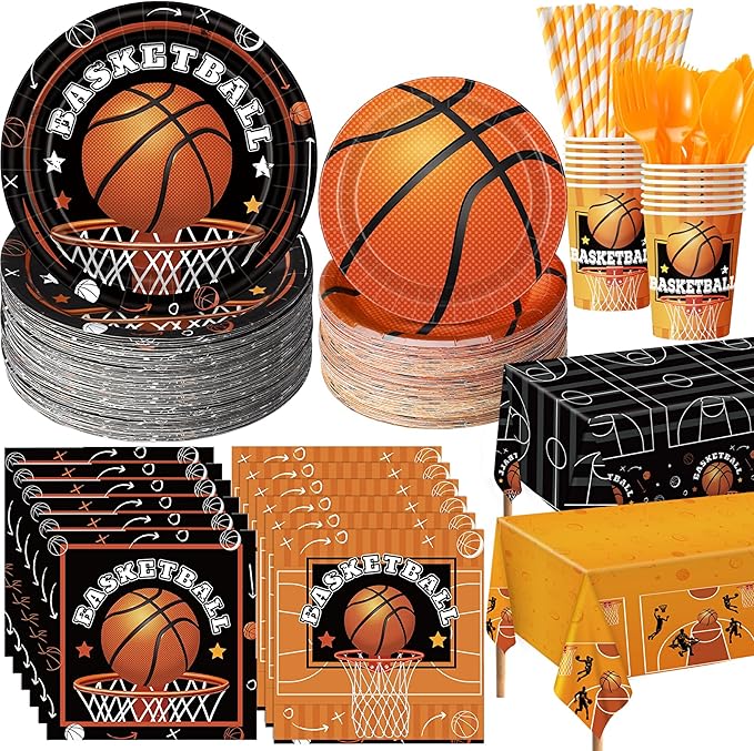 452 Pcs Basketball Party Decorations for 50, Basketball Paper Plates and Napkins Cups Tablecloth Cutlery Straws Disposable Tableware Set for Sports Themed Birthday Team Party Supplies