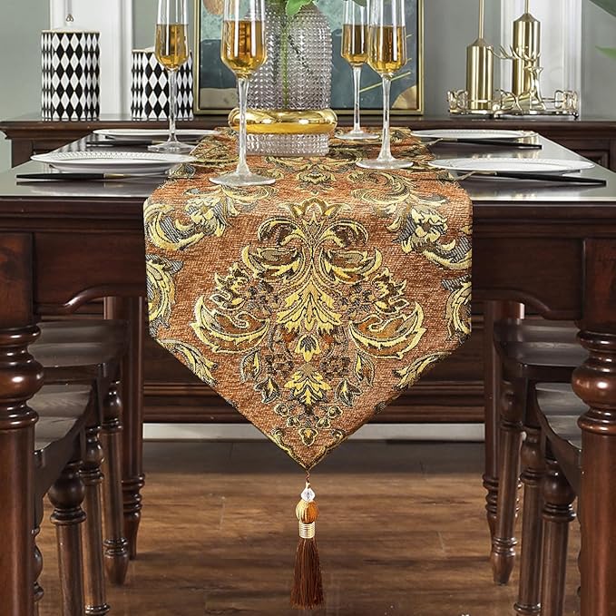 Gradient Sparkling Table Runner 120 inches Long Luxury Vintage Embroidered Caramel