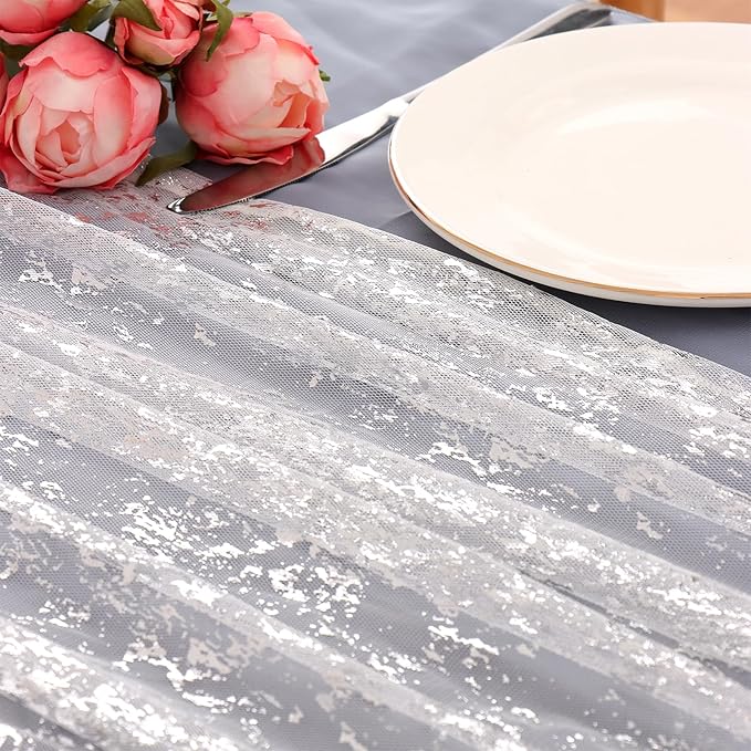 LOMOHOO 10 Ft Silver Table Runner, Silver Sheer Sequin Table Runners 120 Inches Long Glitter Metallic Foil Lace Fabric Table Decor for Birthday Party Wedding Anniversary Centerpiece (4pcs)