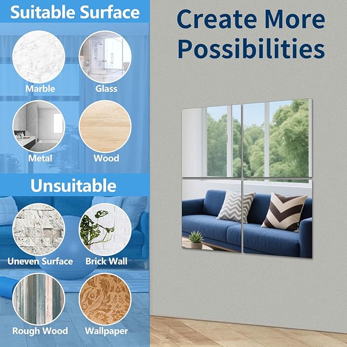 Unbreakable Acylic Small Mirror Tiles for Kids, (4-Pcs 12x16 Inch) Plastic Mirrors for Wall, Stick on Mirrors for Wall Decor, Shatterproof Mirror for Kids Bedroom