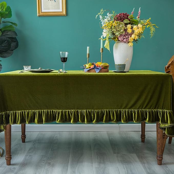 Velvet Tablecloth Luxurious Solid Rectangle Table Cloth,Oblong Retro Farmhouse Ruffle Tablecloths Washable Table Cover for Party Wedding Baby Shower Kitchen Dinning Tabletop Decoration