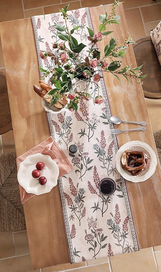 ISAENNE Designer Light Beige Linen Table Runner 87 Inches Long,Vintage Floral Wrinkle Resistant Decor Table Runners for Dining Tables,Christmas,Thanksgiving,Kitchen Tables,12"*87"-Helena A