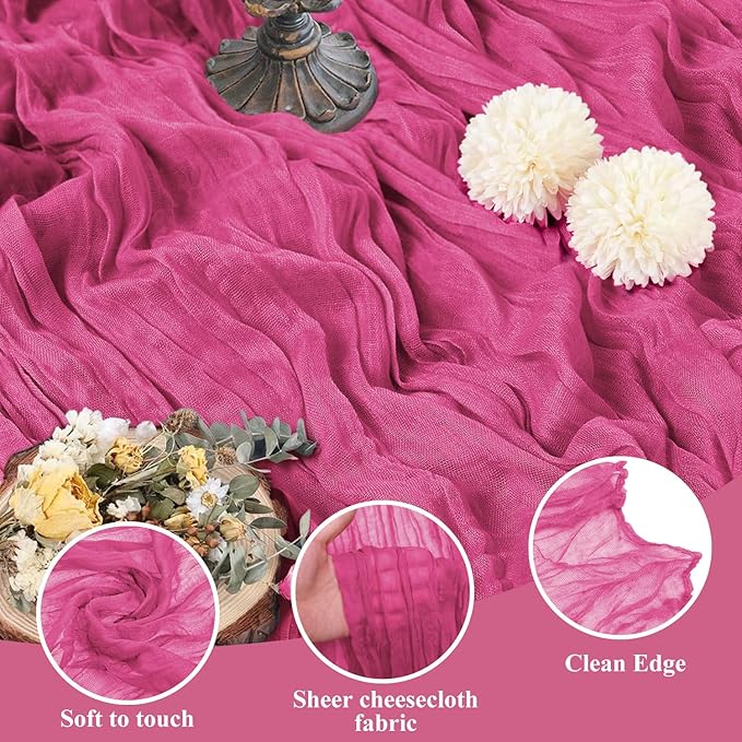 Asee'm 12pcs Cheesecloth Table Runner 120 Inches Long Deep Pink Boho Gauze Cheese Cloth Runner 10FT Rustic Sheer Table Runners for Christmas Wedding Party Baby Shower Spring Easter Decoration