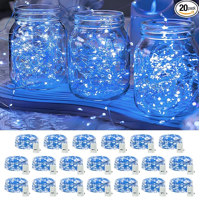 20 Pack LED Fairy Lights Battery Operated,3 Features Blinking Slowly Blinking & just on 7FT 20 LED Waterproof Mini Twinkle String Lights for Wedding Mason Jars Party Christmas Decorations,Blue