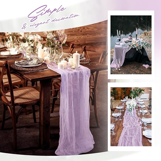 Aktor 12 Pack Lavender Table Runner Boho Cheesecloth Table Runner Semi Sheer Gauze Fabric Runners for Wedding Birthday Baby Shower Party Boho Table Decoration（Lavender）