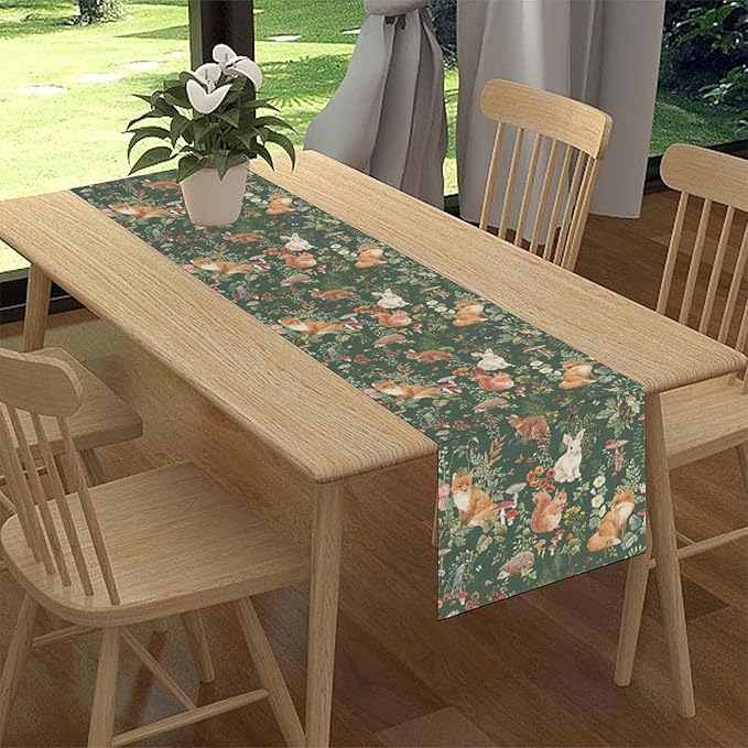Rustic Woodland Table Runner, Farmhouse Forest Animals Country Lodge Wild Animals Fox Rabbits Table Center Decor for Home Kitchen Dining Patio Holiday Party Indoor Table Decorations, 13"x72" Inch