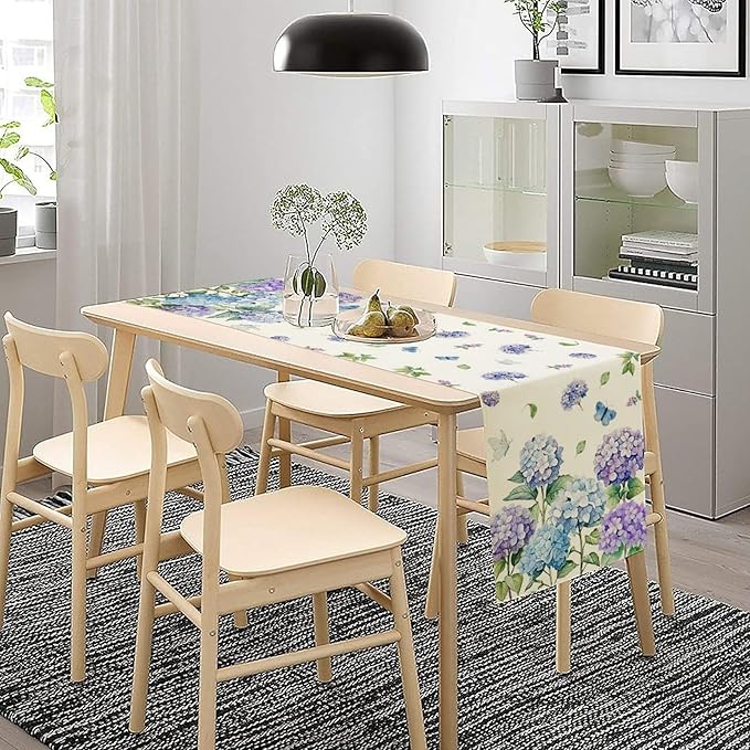 Spring Hydrangea Flower Table Runner, Seasonal Summer Plants Watercolor Florals Butterfly Dinner Runner for Home Kitchen Dining Table Party Holiday Decoration 13"x108"