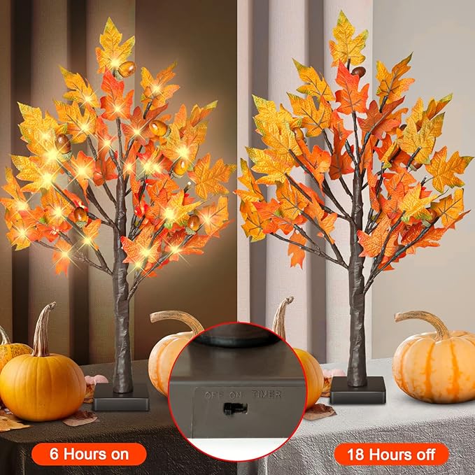 24 Inch Fall Lighted Maple Tree, 2FT Fall Tree with 36 LEDs, 6 Acorns, Timer Battery Operated, Thanksgiving Decorations Table Lights Tree for Autumn Wedding Party Gift Harvest Home