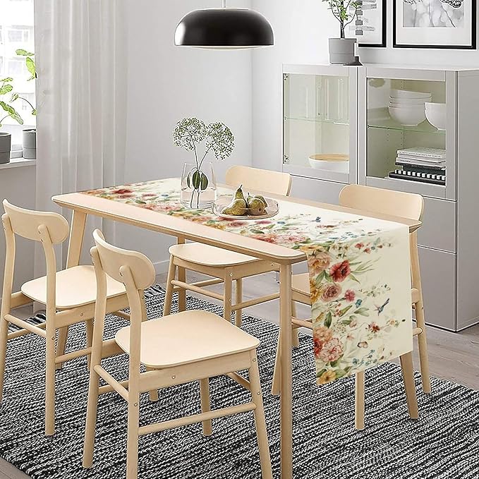 Rustic Floral Table Runner, Watercolor Flower Leaves Hummingbird Butterfly Farmhouse Kitchen Dinning Table Runner for Indoor Outdoor Home Wedding Party Holiday, 13x36 Inch