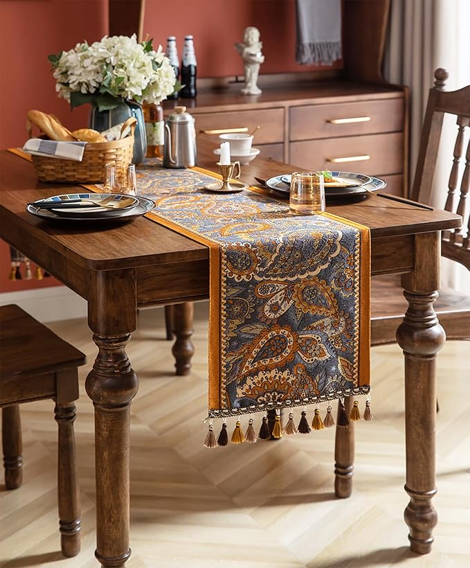 13×72 Inch Table Runner, Retro-Luxury Tassels Series for Kitchen Dining Table Holiday Decoration (Royal Nuts)