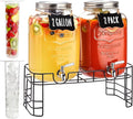 2 Gallon Glass Drink Dispenser for Parties, 2 Pack Beverage Dispenser with Stand, Lemonade Dispenser with 18/8 Stainless Steel Spigot, Leakproof for Sun Tea, Juice, Picnic, BBQ & Bars