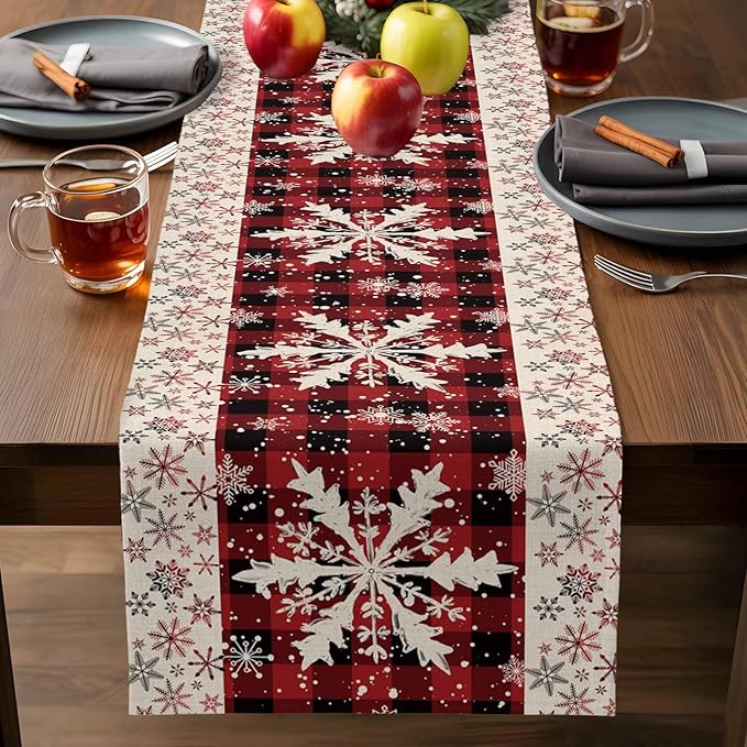 Buffalo Plaid Christmas Cotton Linen Table Runner for Dining Kitchen, Snowflake Red Black Check Wedding Outdoor Party Tablerunner Decoration, Retro Dresser Scarf Coffee Tablecloth Runners 13x70 Inches