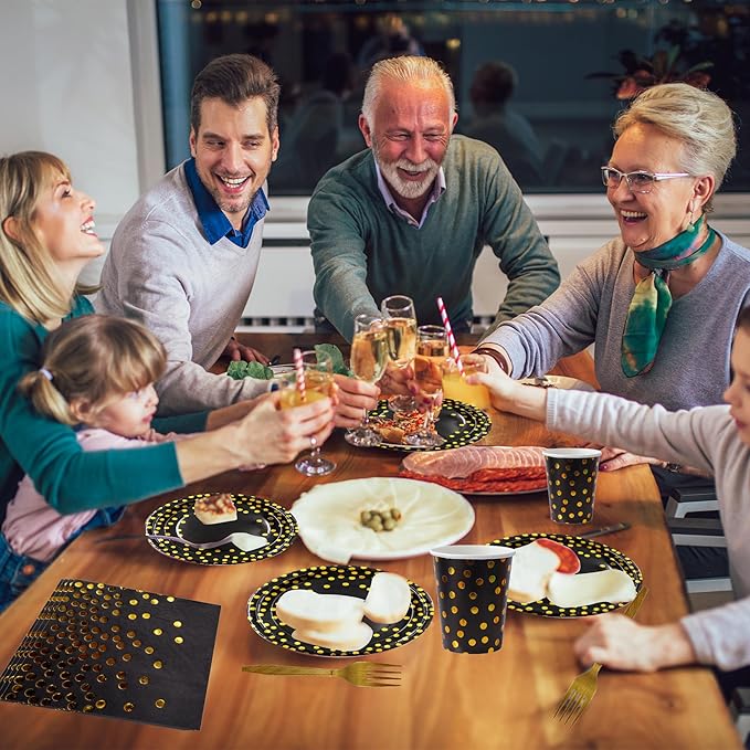 160 Pcs Black and Gold Paper Plates, Forks and Cups Party Supplies, Disposable Paper Dessert Cake Plates Tableware Supplies for Birthdays, Graduations, Weddings, Holidays (40 Guests)