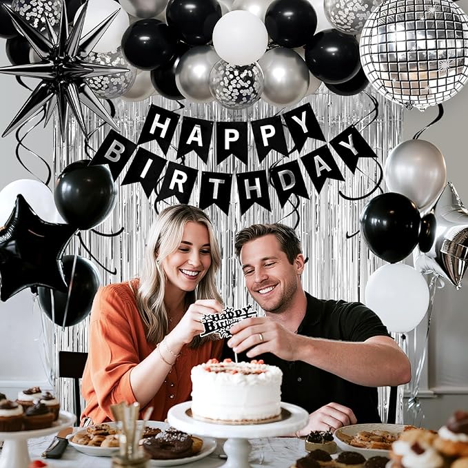 15th Birthday Decorations for Boys Girls, Black Silver Happy Birthday Party Decorations， 15 Year Old Party Supplies with Number 15 Balloons, Banner, Fringe Curtains Kit