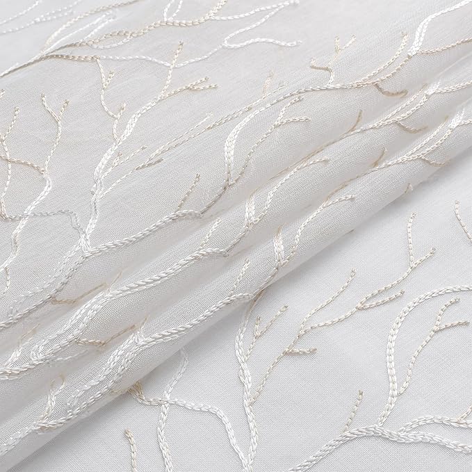 VISIONTEX Sheer Curtains 63 inch Length 2 Panels Set, Decorative Beige Coral Embroidery, Rod Pocket Embroidered Window Drapes for Living Room and Bedroom, 54" x 63"