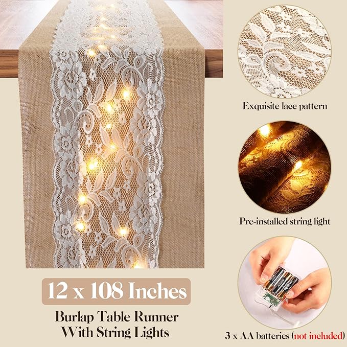 Tudomro 12 Pcs Burlap Table Runner with LED String Lights 12 x 108 Inches Rustic Jute Lace Table Runners Farmhouse Jute Linen Decoration Wedding Decor for Holiday Party Wedding Decorations