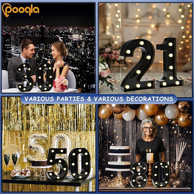 Pooqla Decorative Led Light Up Number Letters, Black Plastic Marquee Number Lights Sign for 10th 50th Birthday Party Wedding Decor Battery Operated Black Number 0