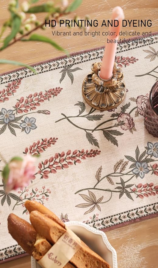 ISAENNE Designer Light Beige Linen Table Runner 102 Inches Long,Vintage Floral Wrinkle Resistant Decor Table Runners for Dining Tables,Christmas,Thanksgiving,Kitchen Tables,12"*102"-Helena A