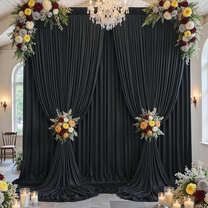 60x12ft Wrinkle Free Black Backdrop Curtain for Wedding Parties,12 Panels 5×12 ft Long Soft Silky Polyester Fabric Backdrop Drapes Black Photo Back Drop Curtains for Party Photography Background Cloth