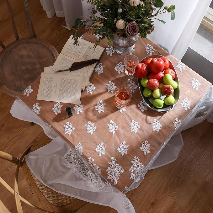 patdrea Designer White Lace Elegant Tablecloth for Rectangle Tables,Vintage Tulle French Romantic Knitted Embroidered Overlay Tablecloths Decor for Kitchen Wedding Banquet,59"*83"
