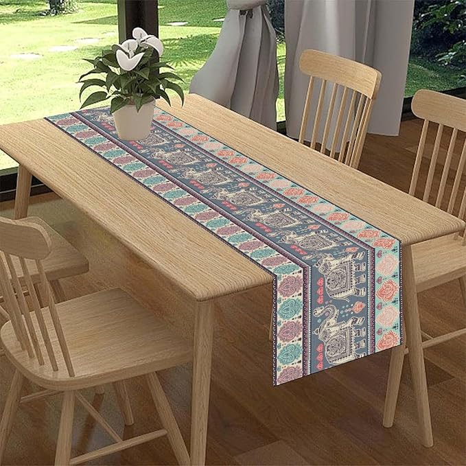 Boho Table Runner, Indian Bohemian Elephant Mandala Paisley Floral Hippie Art Print Table Center Decor for Home Kitchen Dining Patio Holiday Party Indoor Outdoor Table Decorations, 13"x90" Inch