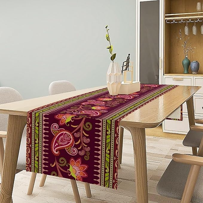 Dark Red Paisley Table Runner, Vintage Boho Paisley Flowers Geometric Print Table Cover for Farmhouse Wedding Party Home Kitchen Dining Table, 13x70inch