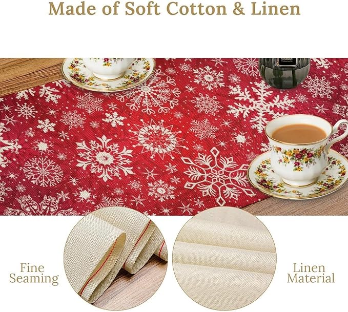 Snowflakes Christmas Table Runner, Winter Holiday Red Table Cloth Kitchen Dining Table Decoration for Home Party Decor 13x60 Inch