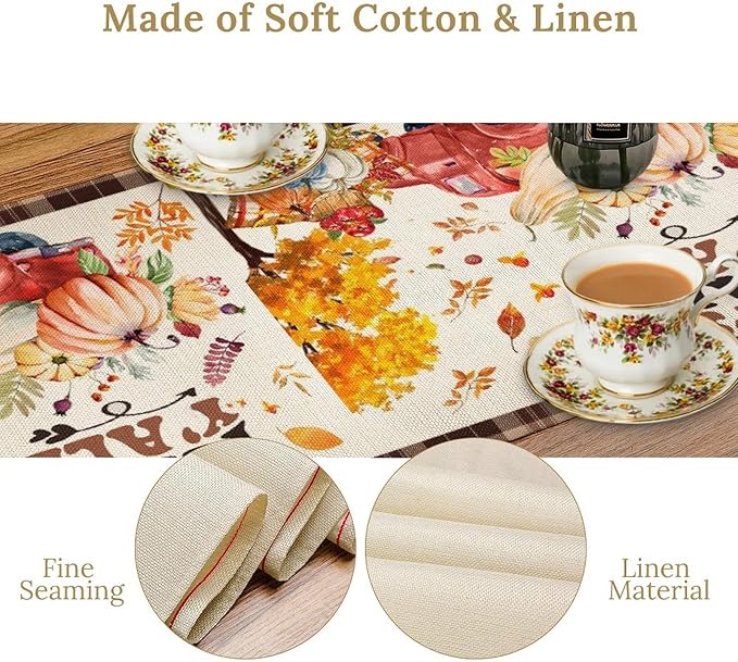 Fall Pumpkin Table Runner,Rustic Maple Yellow Leaf Trees Truncks Brown Plaid Tablecloth Burlap for Hotel Indoors Outdoor Dining Room Kitchen Home Decor,W13X L70 in