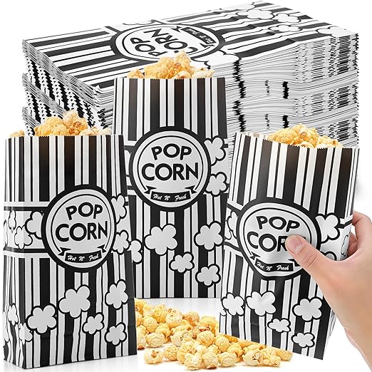 200 Pcs Paper Popcorn Bags Bulk 2 oz Large Flat Bottom Boxes Red and White Disposable Container Sleeve Movie Night Popcorn Bucket for Retro Movie Themed Party Carnival Supplies (Black and White)