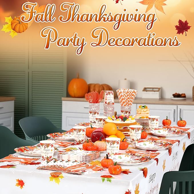 452 Pcs Happy Friendsgiving Party Decorations for 50, Fall Friendsgiving Paper Plates Napkins Cups Tablecloth Cutlery Straws for Autumn Harvest, Give Thanks Friends Giving Party Supplies