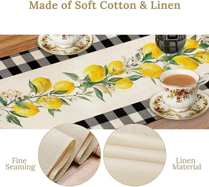 Lemon Table Runner,Black Buffalo Plaid Lemon Table Runner Farmhouse Style Spring Summer Home Kitchen Dinding Room Table Decoration 13x72 Inch