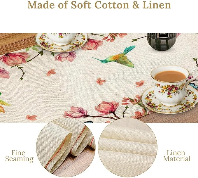 Vintage Watercolor Flower Hummingbird Table Runner Seasonal Spring Garden Plants Birds Florals Farmhouse Country Kitchen Dinner Runner Dining Table Decoration 13"x36"