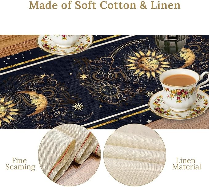 Sun Moon Table Runner, Seasonal Golden Sun Moon Holiday Kitchen Dining Table Runner for Kitchen Living Room Home Party Decor 13x90 Inch