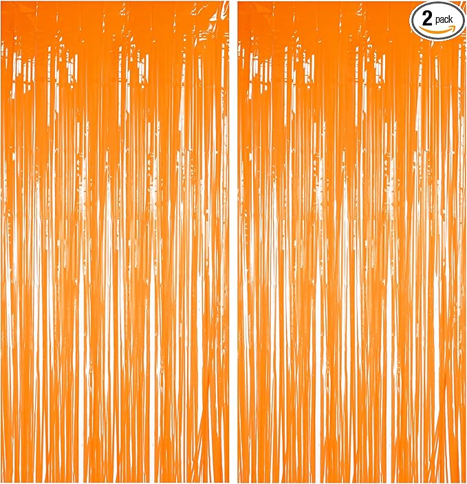 Foil Fringe Curtains Halloweens Decorations - Orange Tinsel Photo Backdrop Party Streamers for St Patricks Day, Easter, Birthdays, Fall, Pumpkin Theme, Thanksgiving, Basketball Party Decorations