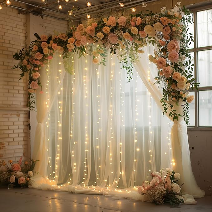 Tulle Backdrop Curtain with Lights String 20 X 8FT Champagne Sheer Tulle Backdrop Curtains for Wedding Birthday Party Reception Photo Booth Background Decorations (4 Panels 5x8FT)