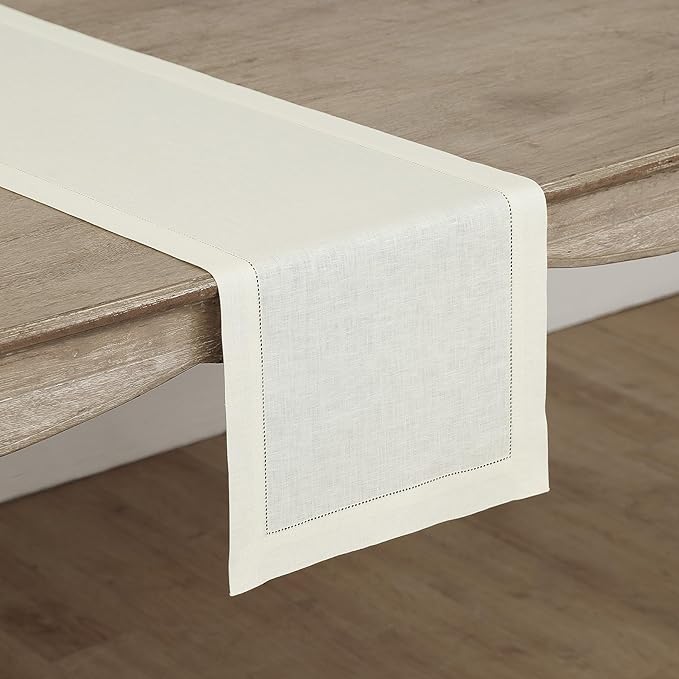 Solino Home Linen Ivory Table Runner 156 Inches Long - 100% Pure Linen Extra Long Table Runner 14 x 156 Inch for Fall, Autumn, Thanksgiving, Christmas - Classic Hemstitch