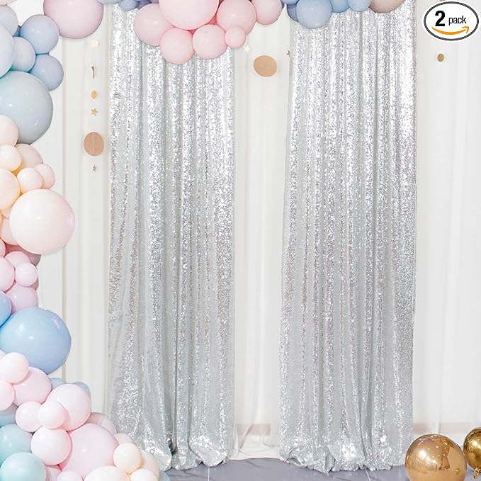 ShinyBeauty Silver Sequin Curtain Backdrop 2 Panels 4FTx8FT Photo Curtain Backdrop Curtain Panels 96 Inches Long -190522E