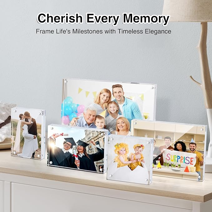 HOUSE DAY Acrylic Picture Frames 8x10, 2 Pack Magnetic 8x10 Picture Frame, Double Sided Clear 8 x 10 Photo Frame with Microfiber Cloth, Frameless FreeStanding 8x10 Frame Gift for Desktop Display