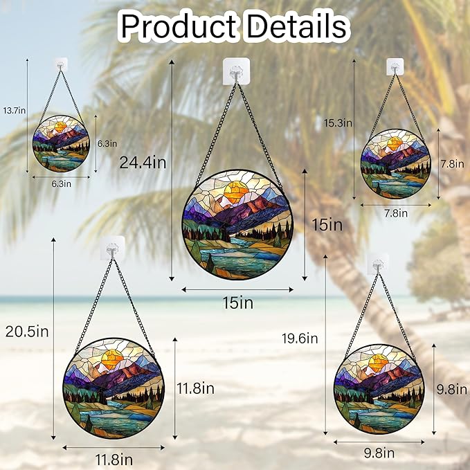 Stained Glass Window Hanging, Blue Lake Golden Sun Abstract Mountains Landscape Suncatcher for Doors Window Home Sun Catchers Decor Mother's Day Birthday Gifts for Women Men Mom 7.8 in