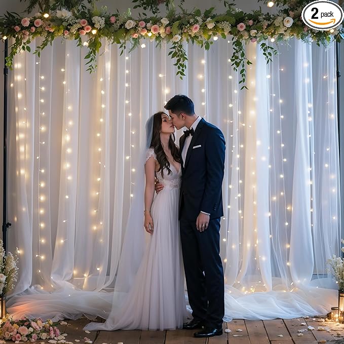 10ft x 8ft White Sheer Tulle Backdrop Curtains with Lights String Wedding Backdrop for Reception Ceremony Birthday Party Baby Shower Photo Booth Background Decoration