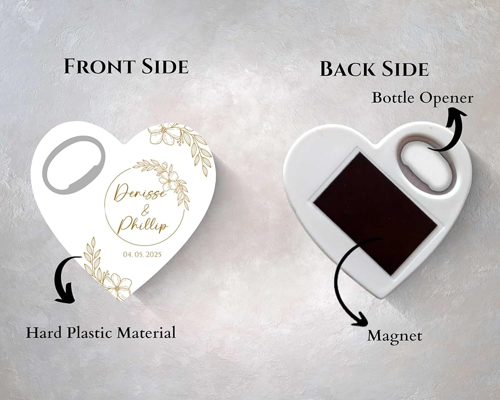 Wedding Bottle Opener Favors for Guests in Bulk, Hearts Shape Bottle Opener, Personalized Party Favors in Bulk, Wedding Favor Guests. 20 to 300 pcs. Custom Fridge Bottle Opener (Heart)