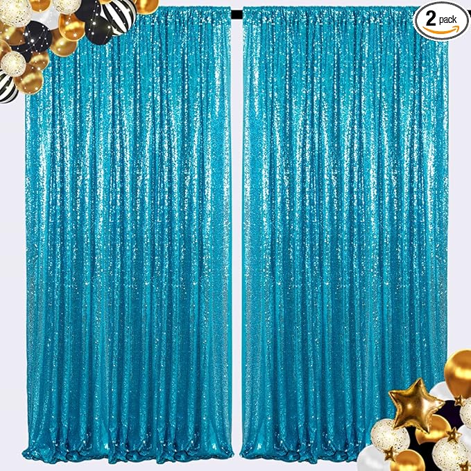 ShiDianYi Sequin Backdrop Turquoise 2 Panels 4FTx10FT Backdrops for Photograph Aqua Blue Sequin Photo Backdrop for Birthday Sparkle Wedding Drapery Glitter Background